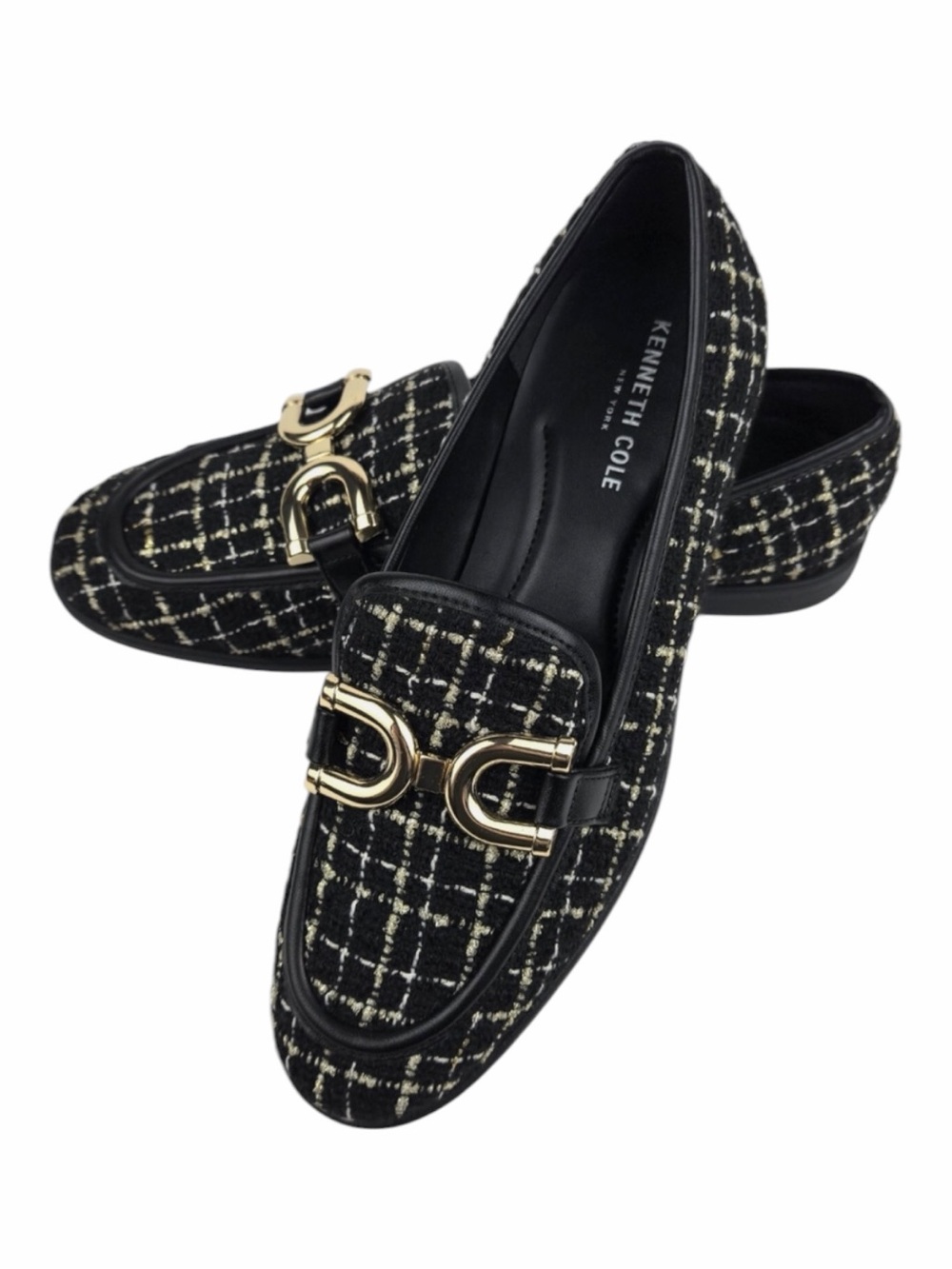 Kenneth Cole New York Larisa Black & Metallic Tweed Gold Buckle Loafers Size 7.5